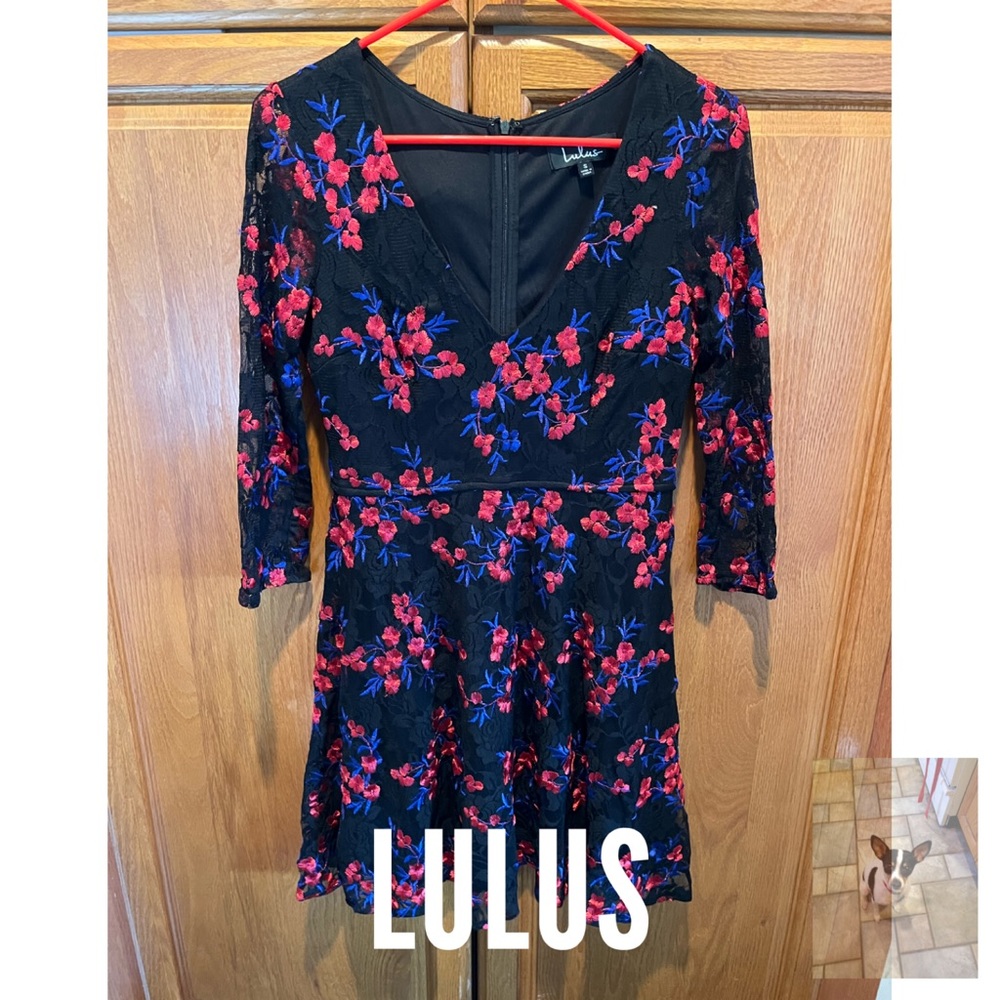 Lulus Floral Lace Skater Dress with Black Lining, Sz S